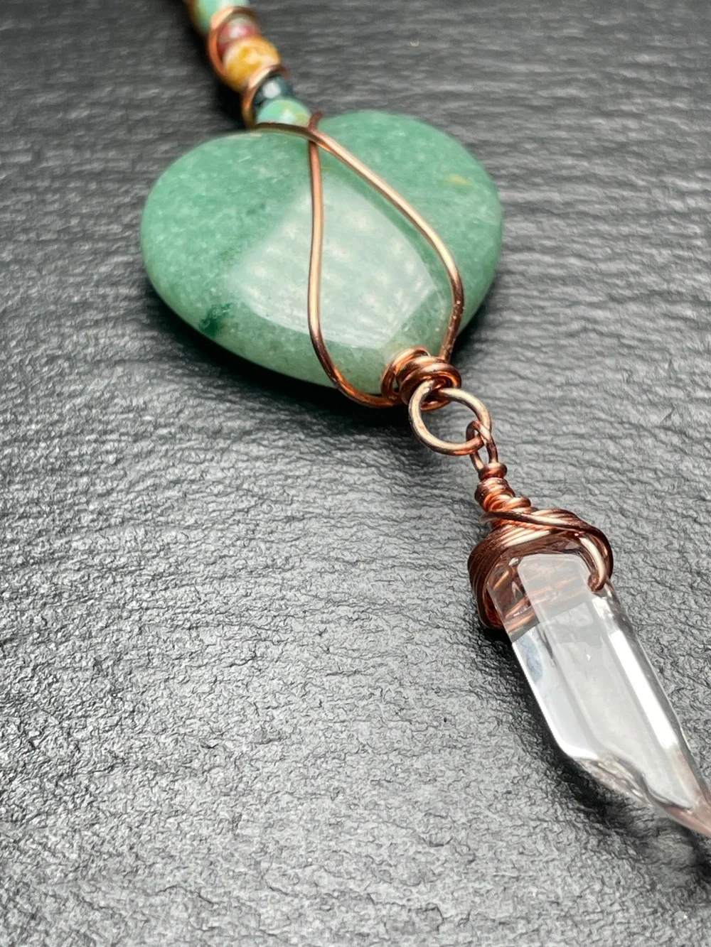 Handmade Aventurine Heart Keychain with Clear Quartz Point